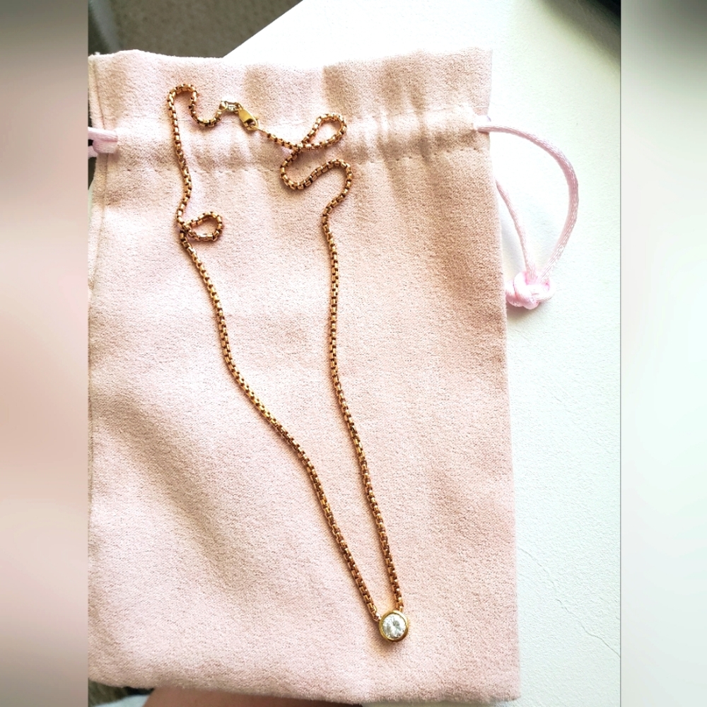 14k solid rose gold white topaz bezel necklace, thick chain.